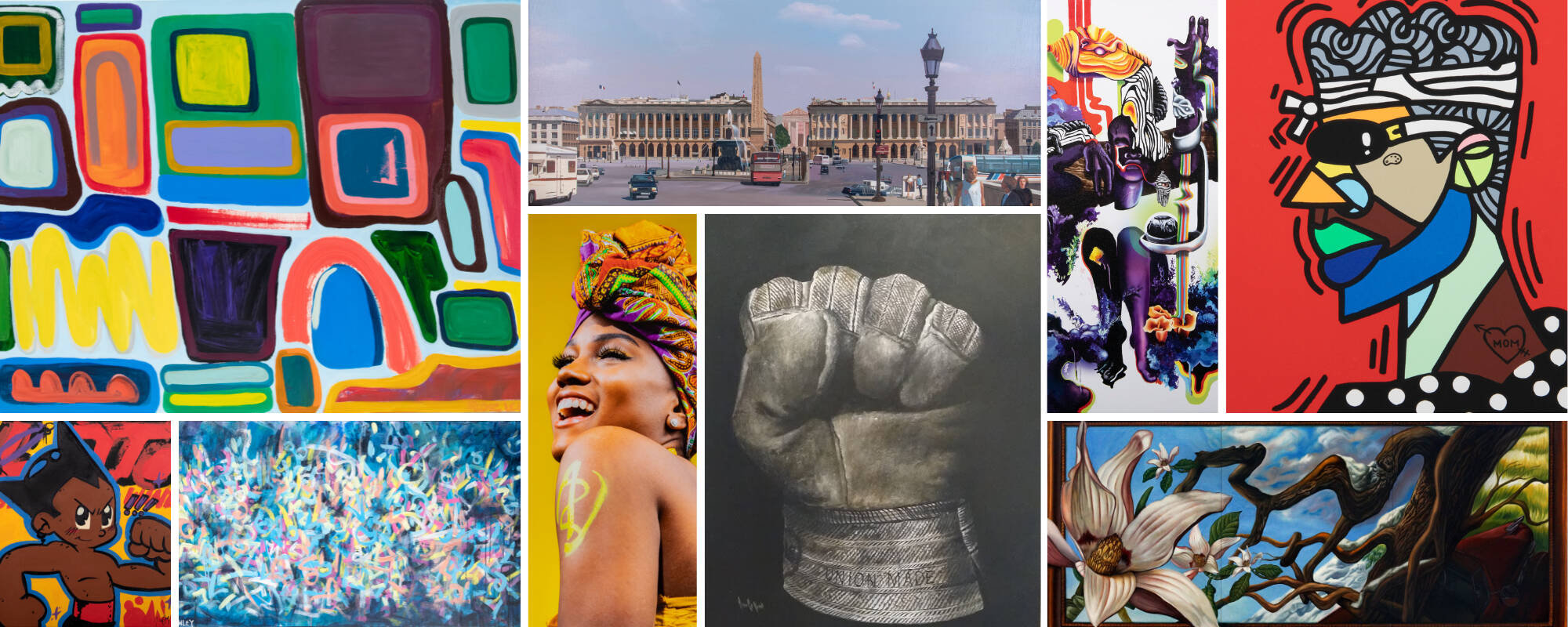 Collage of nine different works of art from the GVSU Art Museum Collection that relate to the theme of Contemporary Black Michigan based artists.